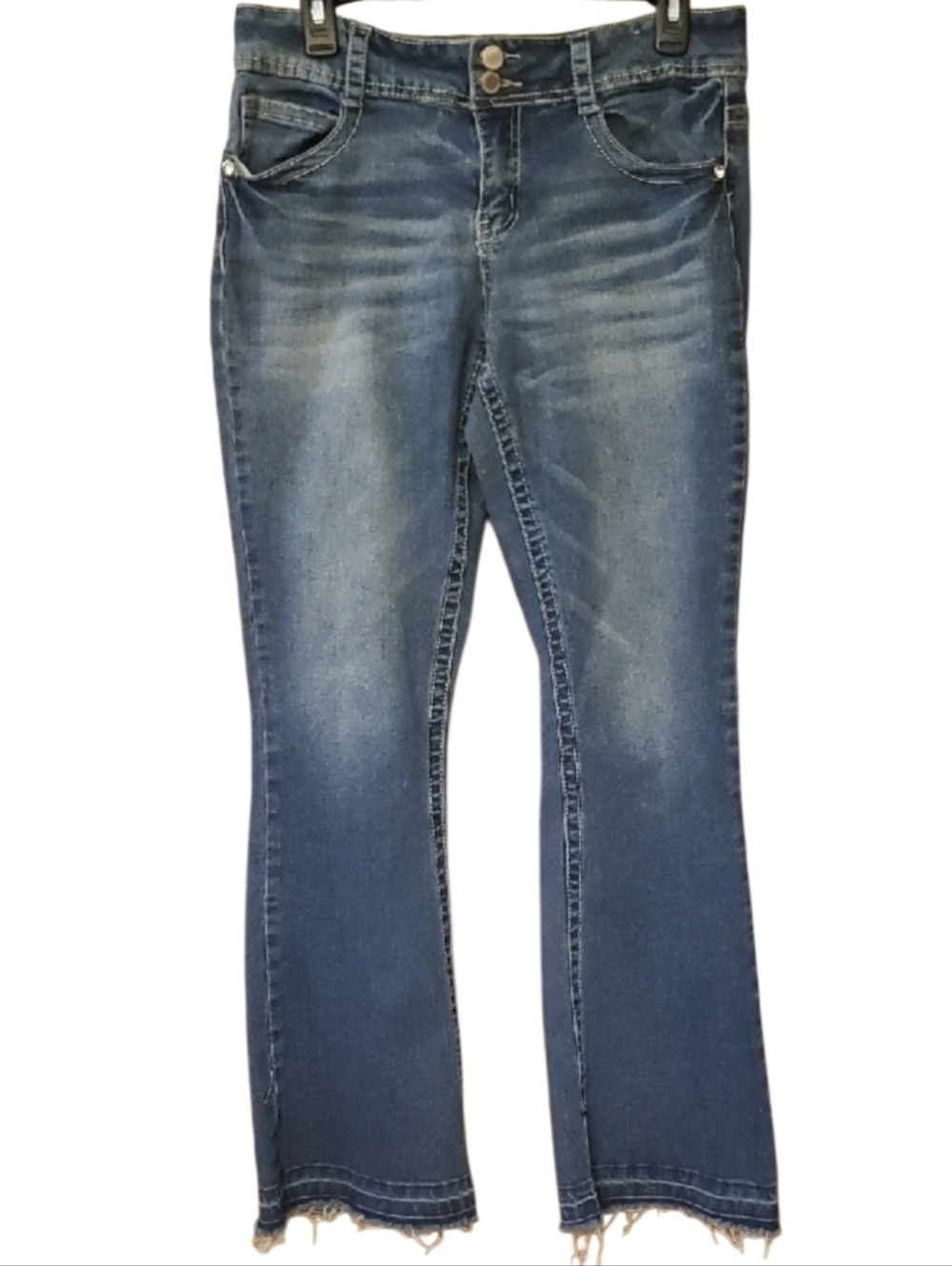 Copperflash Women's Blue Denim Jeans With Raw Hem, Embroidery Bling - Maura Wash